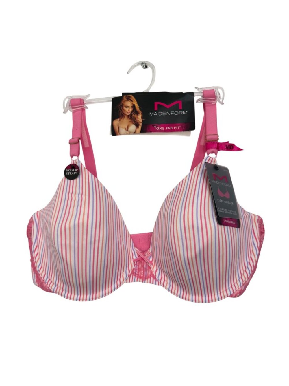 Maidenform One Fab Fit T-Shirt Bra 38D Pink Striped Extra Coverage Adj Straps